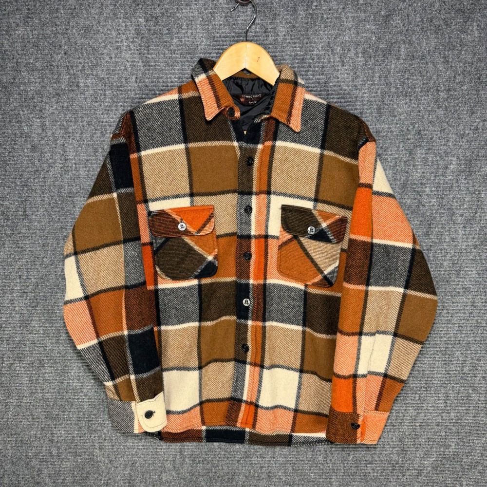 Towncraft Penney Vintage Wool Blend CPO Heavyweight Plaid Shirt Jacket Orange L